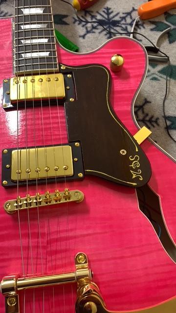 Finished hollow body guitar kit with flamed maple built by customer Maurizio Brunori